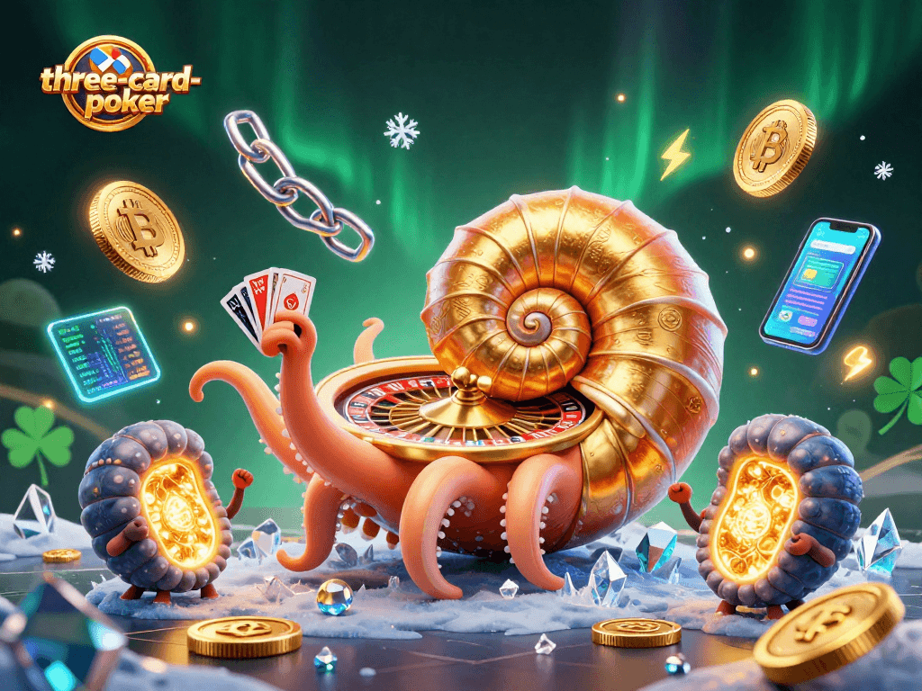 Engage in thrilling three-card-poker action with an ancient nautilus and glowing elements.
