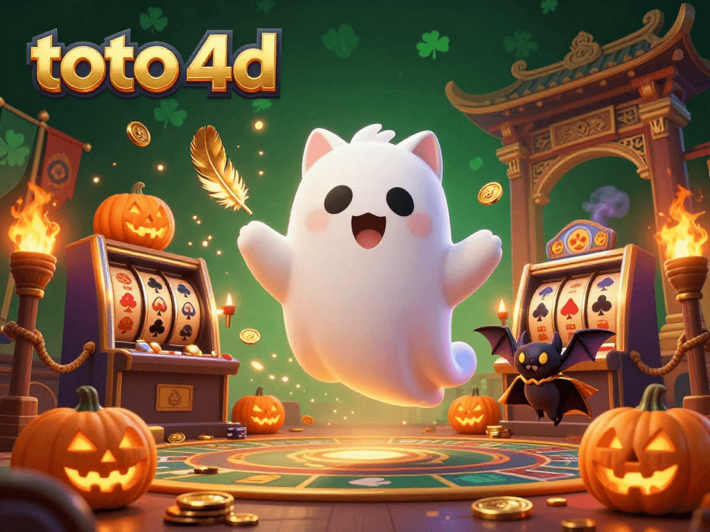 Engage with thrilling toto 4d gaming as a ghost cat and bat explore a vibrant casino.