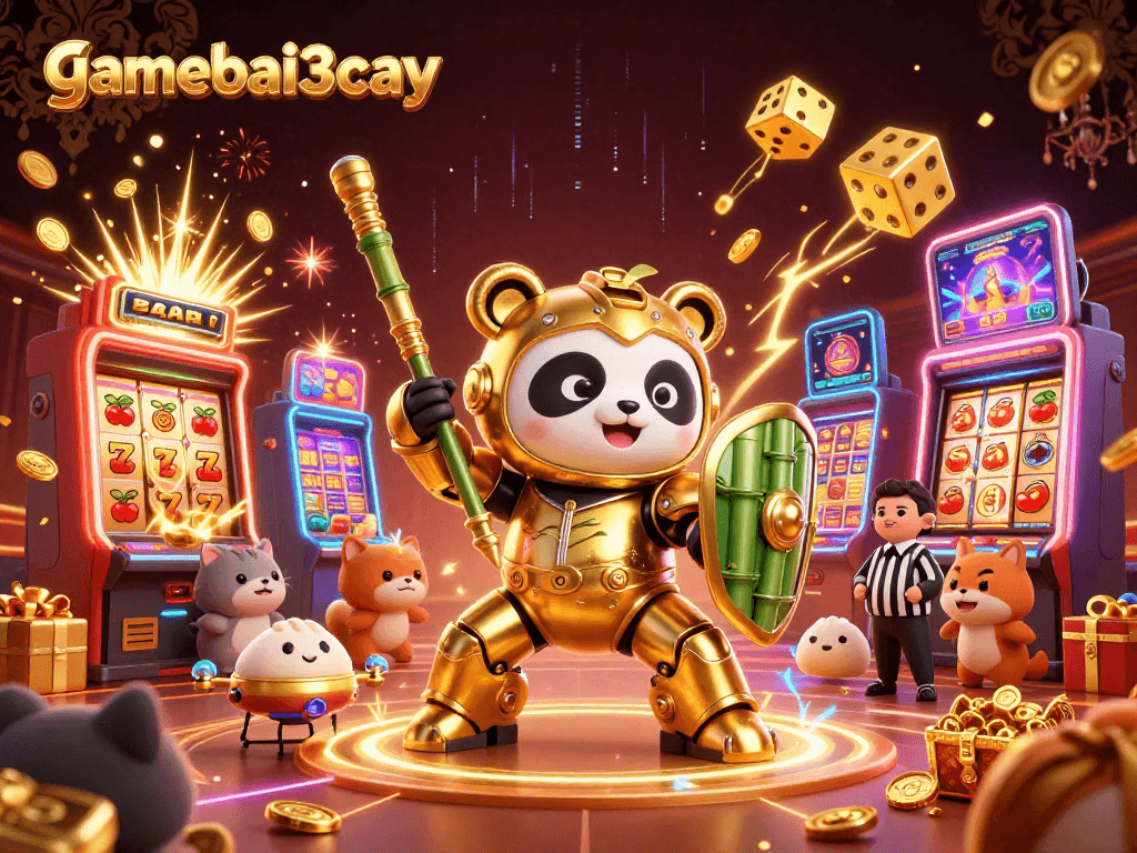 Experience the excitement of gamebai3cay with a golden panda in 3D action amidst vibrant casino games.