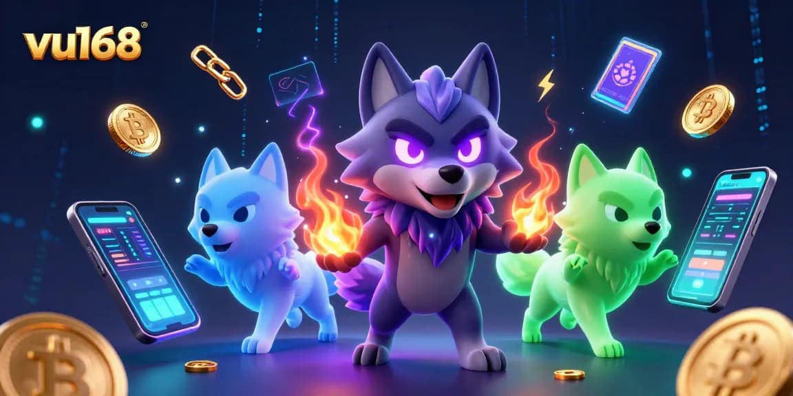 Experience winning with vu168's dynamic crypto gaming scene featuring animated wolves and vibrant casino elements.