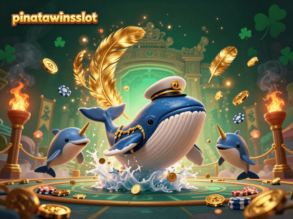 Engage with pinatawinsslot in a vibrant scene featuring a whale, narwhal, and dolphins playing with coins.