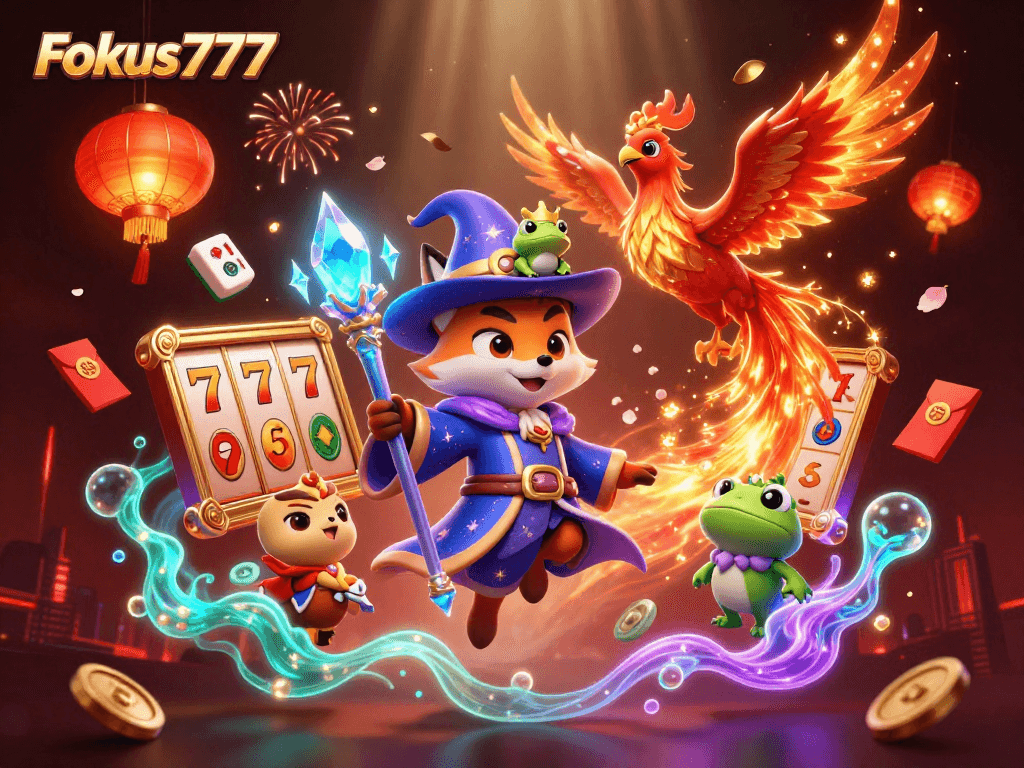 Experience thrilling wins and jackpots at Fokus777, featuring enchanted characters and vibrant casino elements.