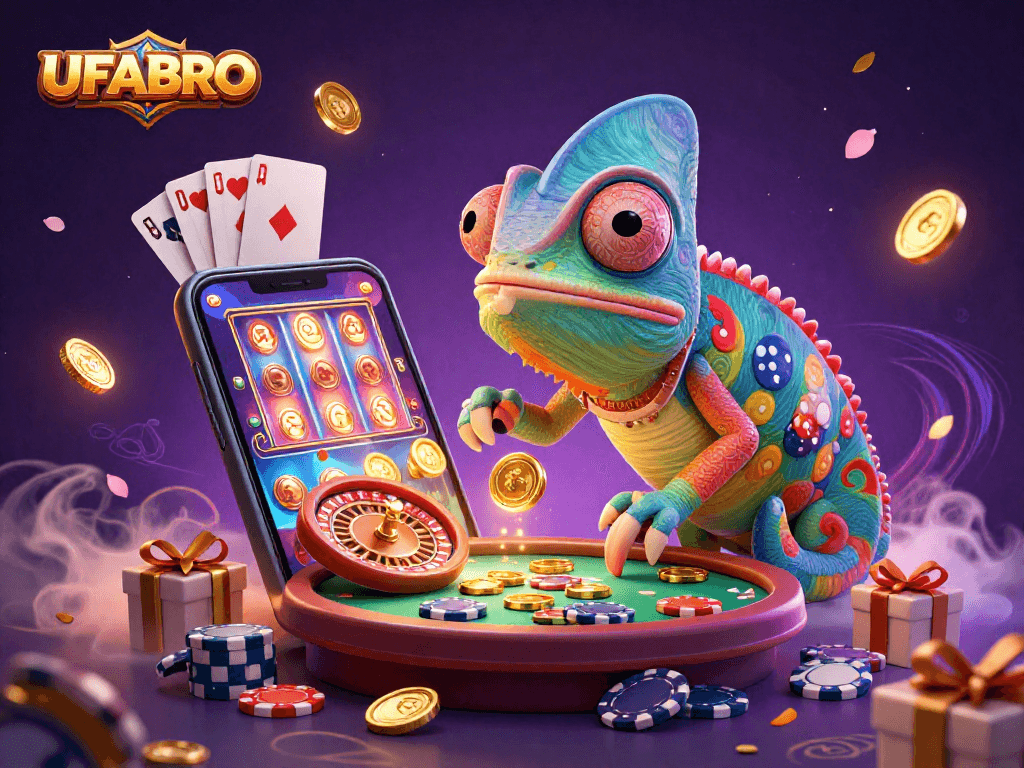 UFABRO casino scene showcasing a colorful chameleon owner while slot games and coins erupt around.