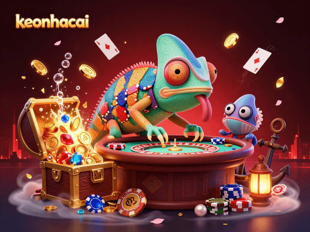 Experience winning strategies with keonhacai in this vibrant casino-themed illustration.