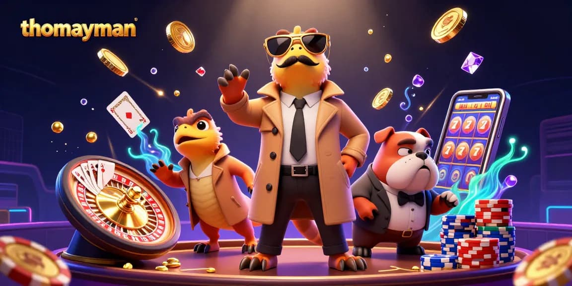 thomayman offers thrilling gameplay with cartoon raptors in a VIP casino scene, surrounded by vibrant gaming elements.