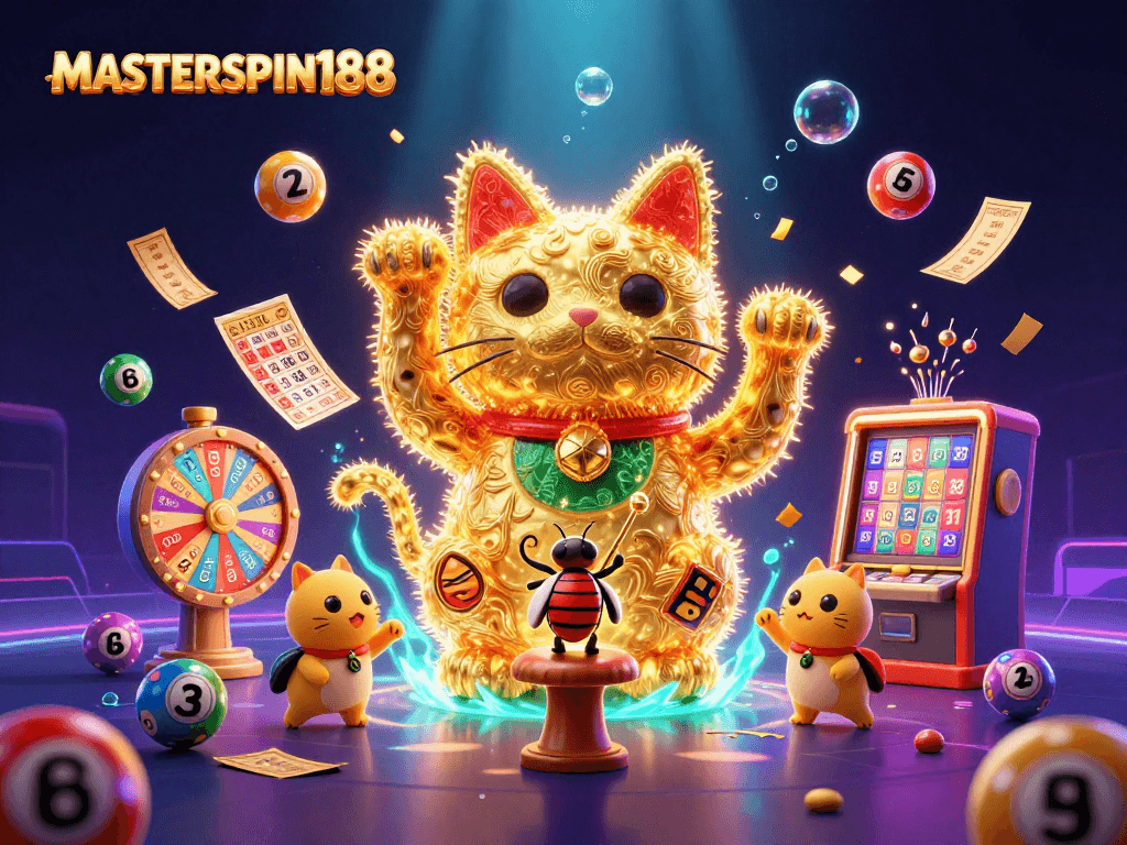 Engage with MASTERSPIN188's vibrant casino magic featuring a lucky cat and colorful lottery elements.