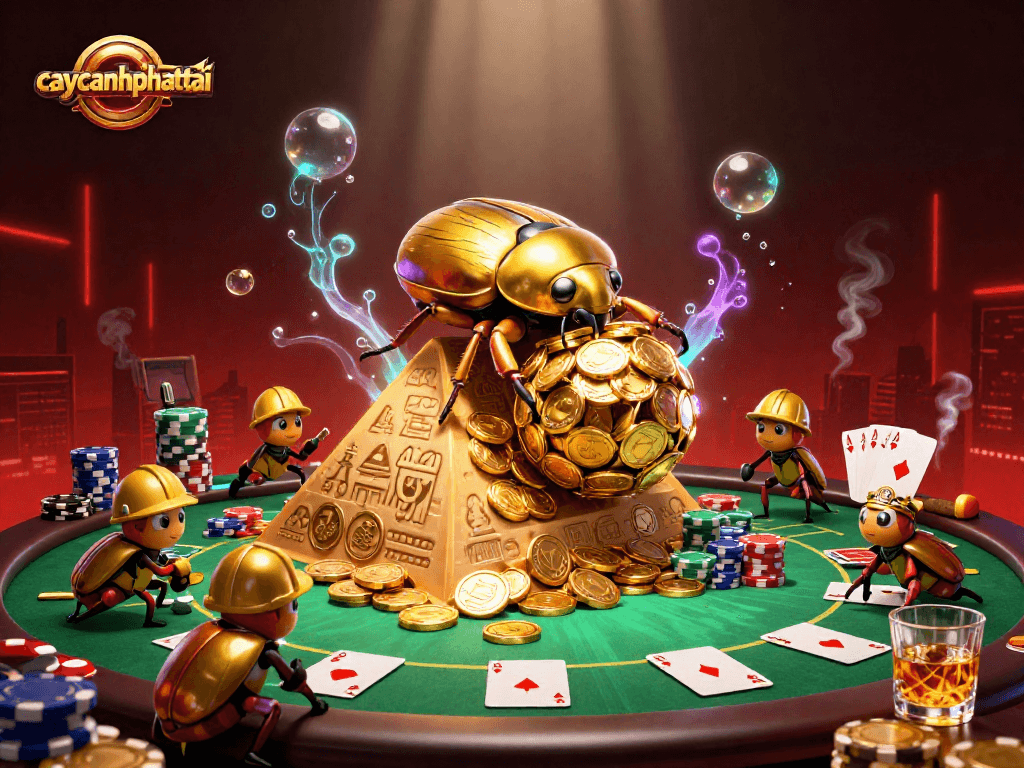 Engage with caycanhphattai as golden beetles navigate a vibrant casino scene filled with treasure and excitement.