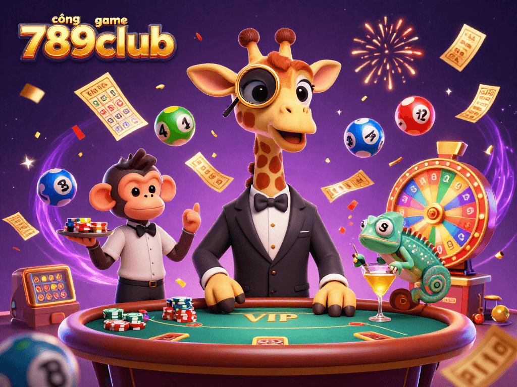 Engage with cổng game 789club featuring a high-roller giraffe and vibrant casino elements