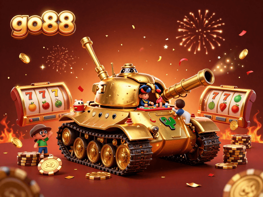 Experience go88's vibrant casino atmosphere with a golden beetle tank showcasing thrilling slot games.