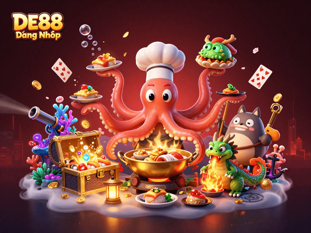 Experience thrilling gameplay with DE88 Đăng Nhập featuring a dynamic casino scene with vibrant characters and elements.