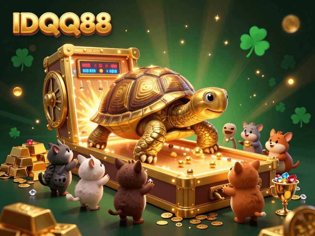 Join the excitement at IDQQ88 with thrilling games in a vibrant, treasure-filled casino scene.