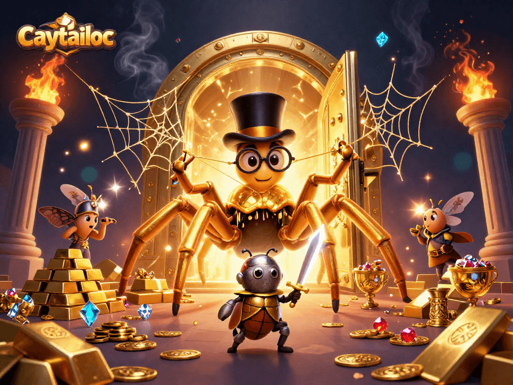 Experience thrilling jackpot spins in caytailoc's vibrant casino world filled with golden treasures and whimsical characters.
