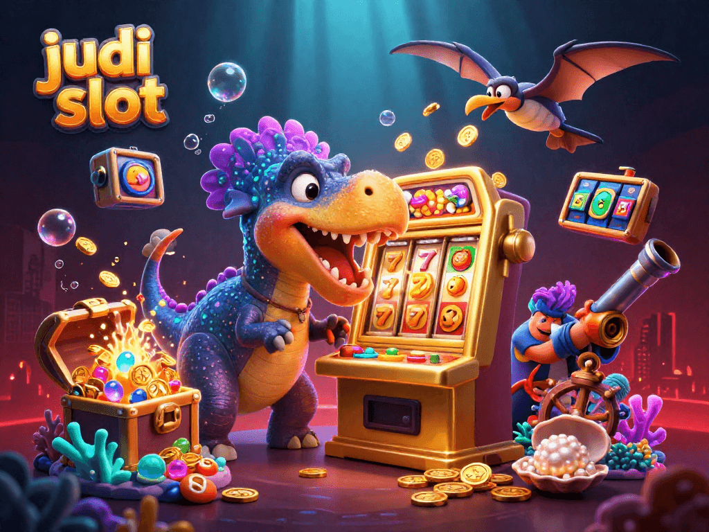 Menang besar judi slot dengan karakter unik dalam ilustrasi 3D yang dinamis dan penuh warna.