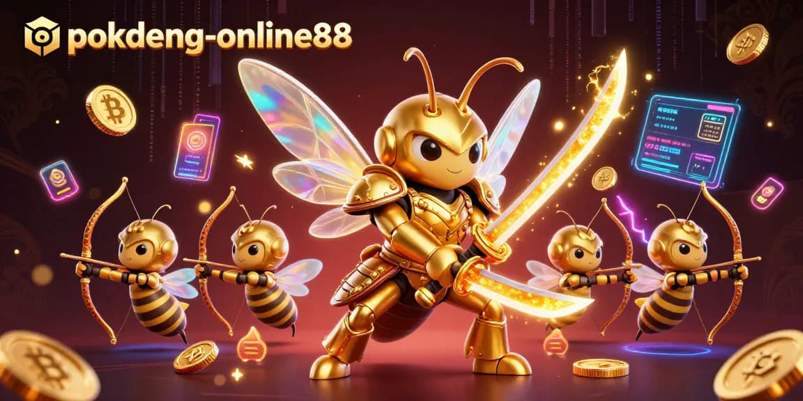 Engage with the thrilling world of pokdeng-online88 through a vibrant 3D casino illustration featuring unique characters and crypto coins.