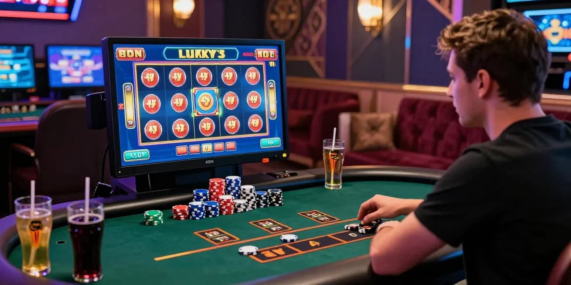 Engaging lucky77 gaming scene with player at vibrant table, colorful chips, and exciting gameplay.