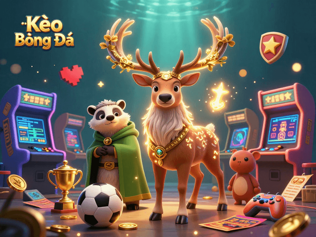 Kèo Bóng Đá dynamically engaging illustration featuring sports balls and betting slips with charming characters.