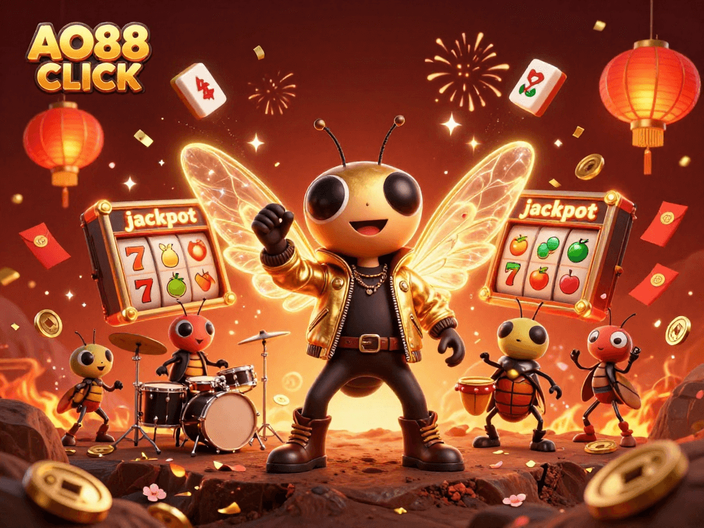 Engage with exciting games at AO88 CLICK, featuring a vibrant scene of jackpot reels and festive elements.