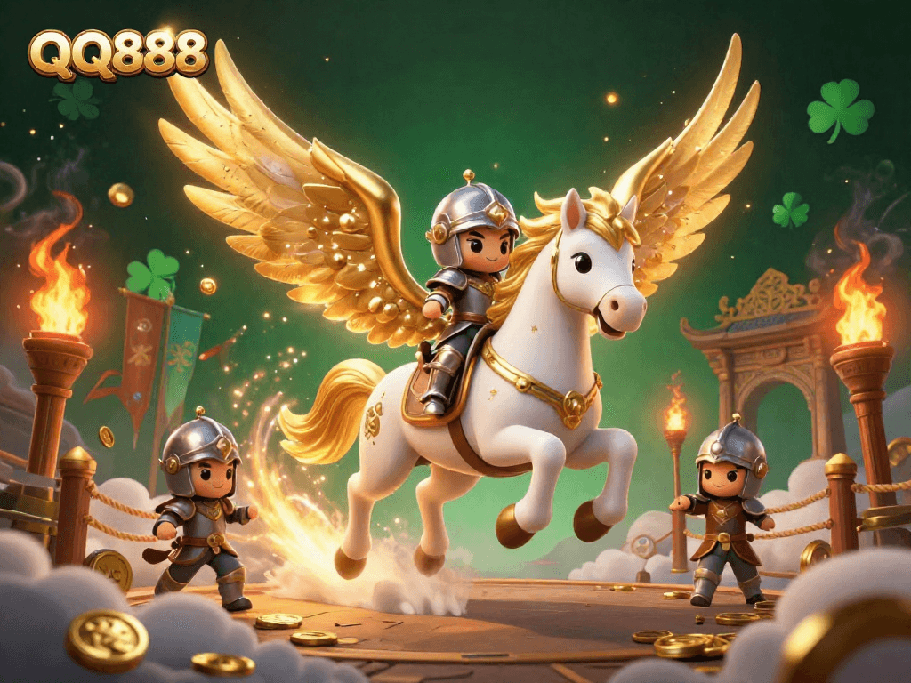 Experience thrilling action at QQ888 with a 3D illustration of a knight riding a celestial horse in a vibrant casino setting.