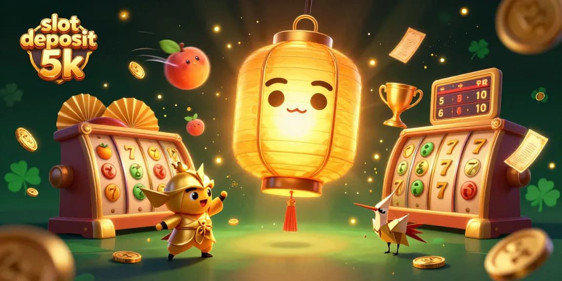 Permainan slot deposit 5k yang menguntungkan dengan simbol keberuntungan dan karakter menarik.
