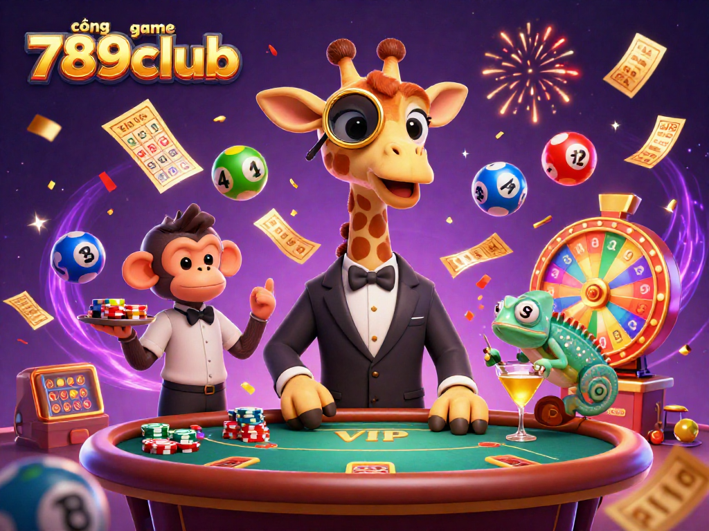 Engage with cổng game 789club featuring a high-roller giraffe and vibrant casino elements