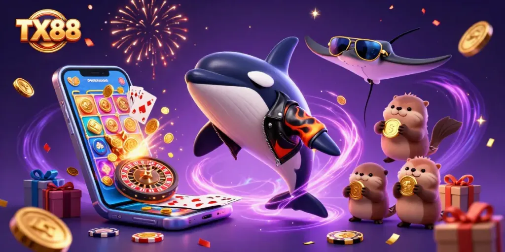 Experience the excitement of TX88 with vibrant cartoon characters celebrating wins and gaming adventures.