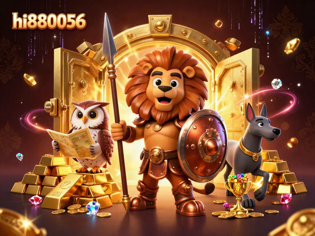 Engage with hi880056 at our dynamic casino featuring a Spartan lion, owl strategist, and golden treasures.