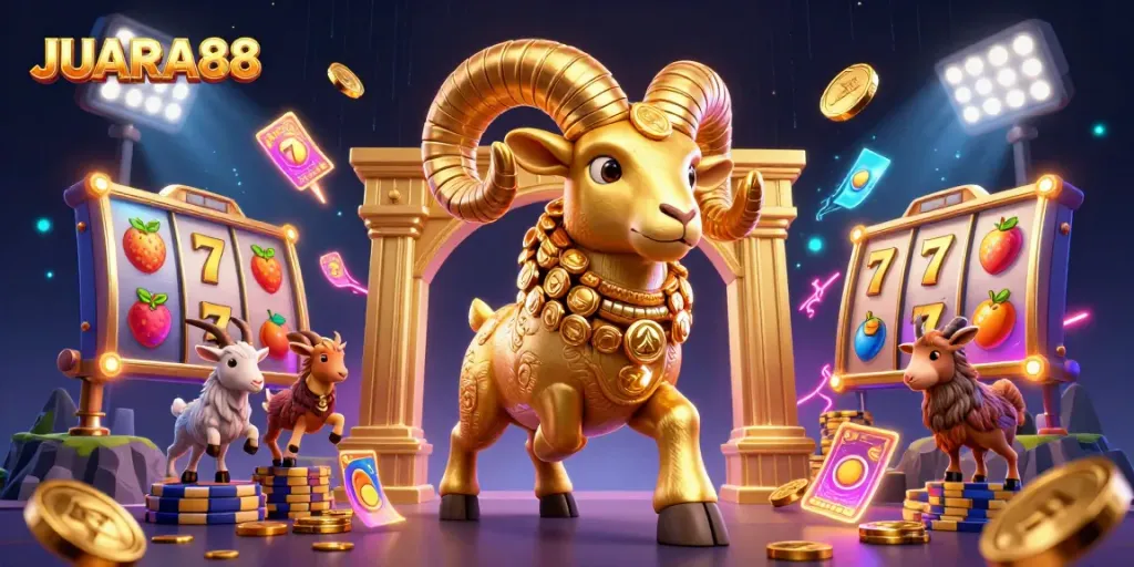 Experience JUARA88 with an engaging 3D illustration showcasing vibrant slot elements and dynamic characters.
