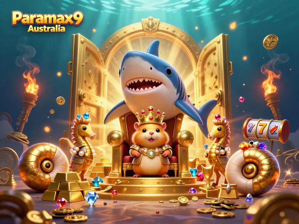 Engage with slots and riches at Paramax9 Australia featuring a golden hamster king and treasures.