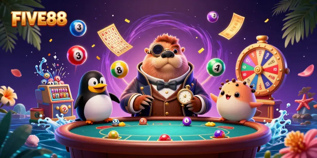 Engage with the thrilling world of gambling at FIVE88 with colorful dynamics and characters in a vibrant casino setting.