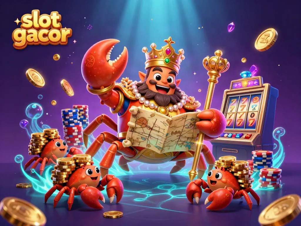 Experience the thrill of slot gacor with a majestic golden crab emperor and treasures galore in a vibrant casino scene.
