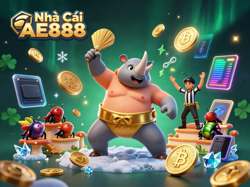 Experience the excitement at Nhà Cái AE888 with animated beetle characters and vibrant casino elements.