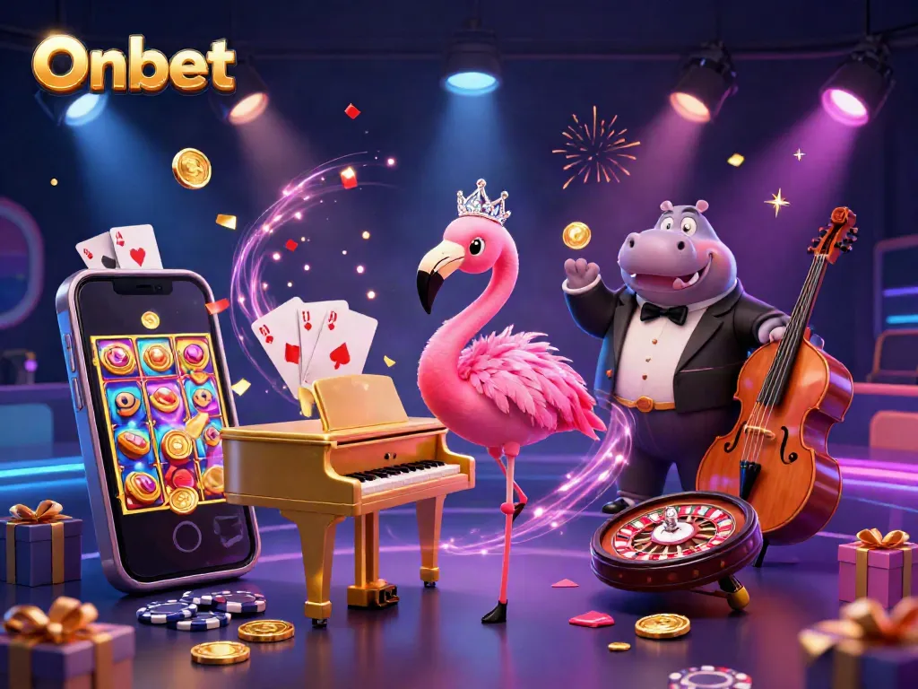 Engage in Onbet’s exciting slot action with a vibrant scene of cartoon characters celebrating at a lively casino.