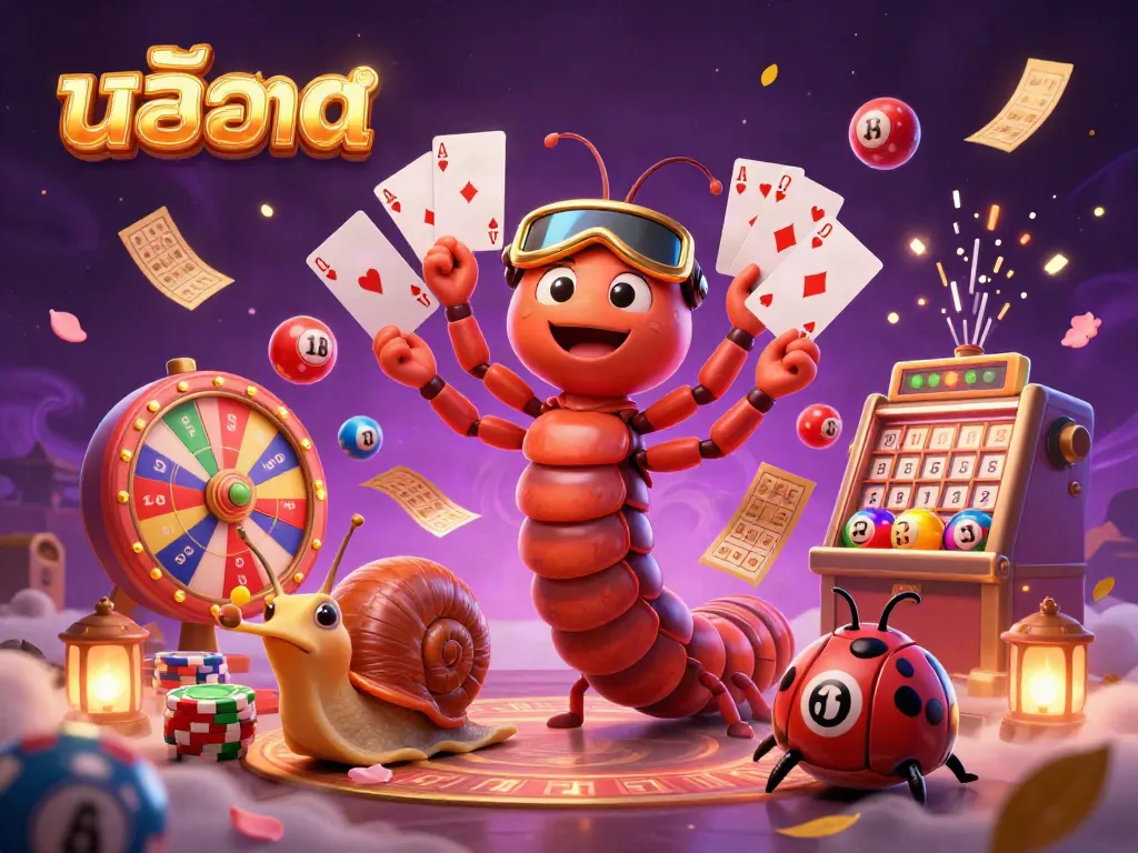 Engage in thrilling สล็อต action with a vibrant 3D casino scene featuring a millipede dealer and high-roller snail.