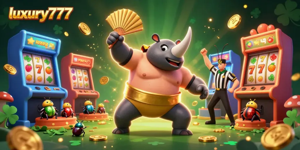 Experience the thrill of wins at luxury777 as a sumo beetle stomps coins, creating a vibrant casino atmosphere.