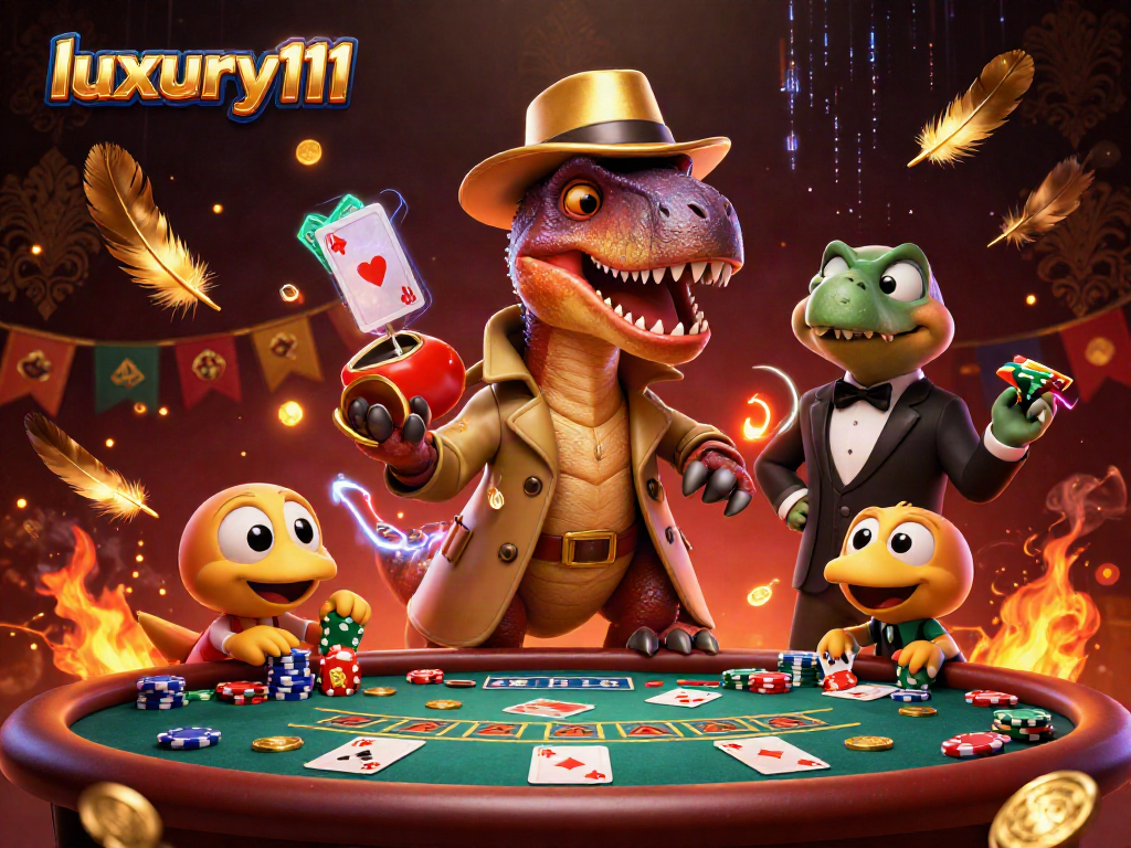 Engage with luxury111 as a velociraptor card counter at a vibrant casino table in a thrilling scene.