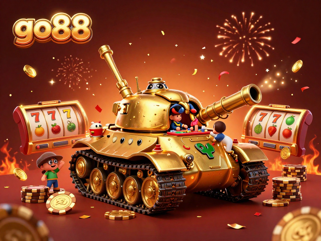 Experience go88's vibrant casino atmosphere with a golden beetle tank showcasing thrilling slot games.