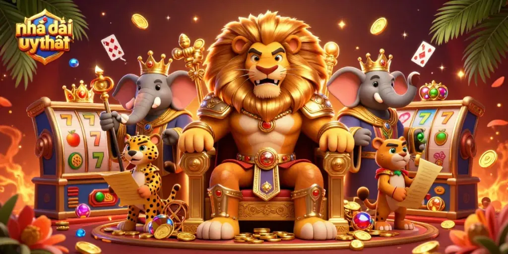 Engage with Nhà cái uy tín as you explore a vibrant casino realm featuring a lion king and thrilling game elements.