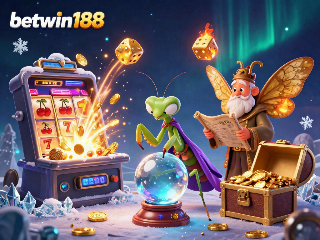 Experience betwin188 with a dynamic 3D scene featuring a fortune teller, moth librarian, and vibrant casino elements.