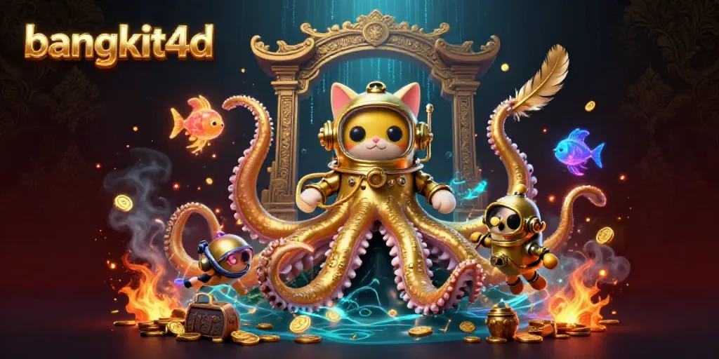 Taruhan slot aman di bangkit4d dengan ilustrasi kraken dan kucing menyelam yang menarik.