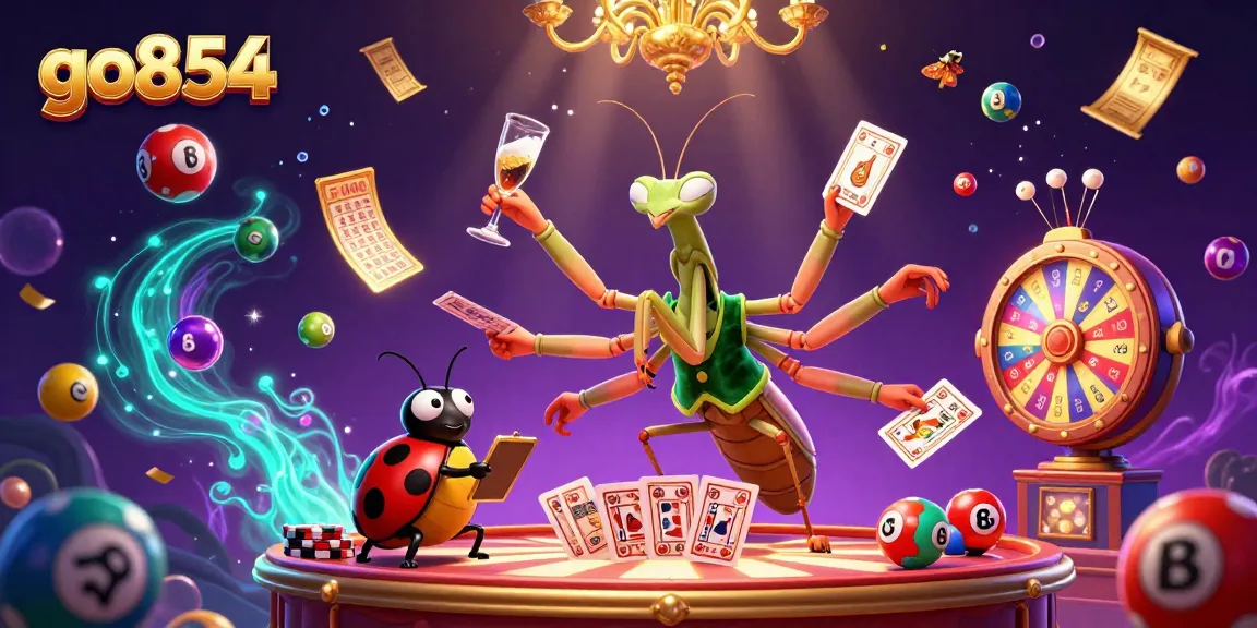 Engage with go854 as the giant mantis deals cards, surrounded by colorful lottery elements.