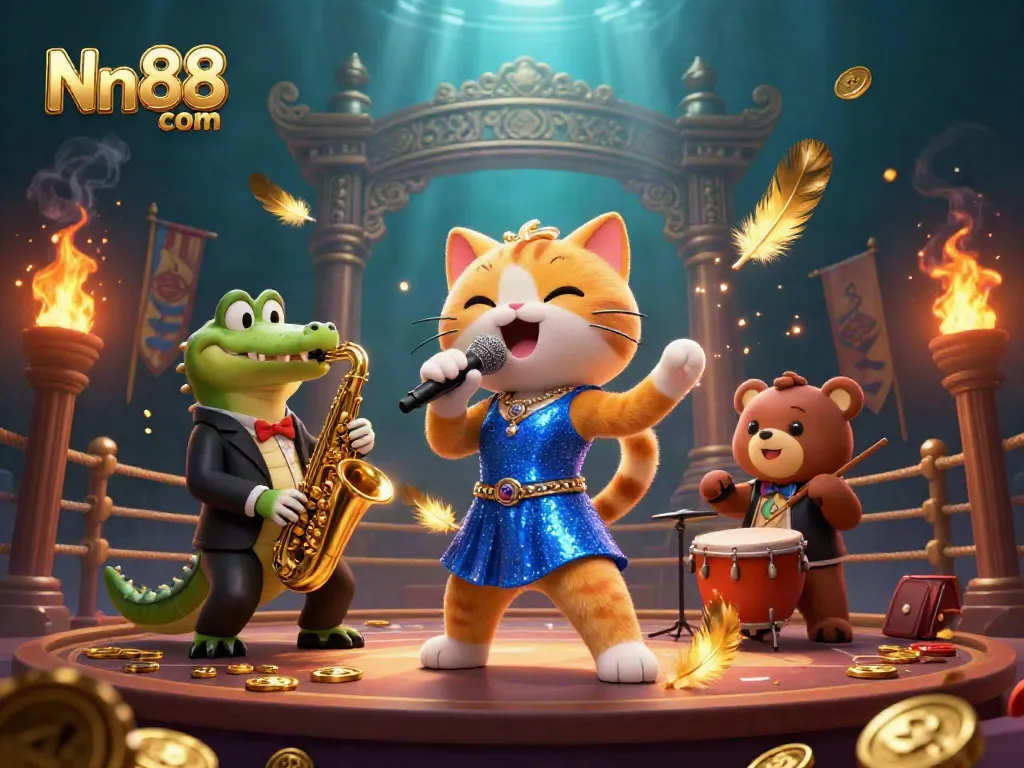 Catch the excitement at Nn88 com with a lively illustration of a jazz-singer cat, saxophone-playing crocodile, and drum-playing bear cub in a vibrant casino stage show.