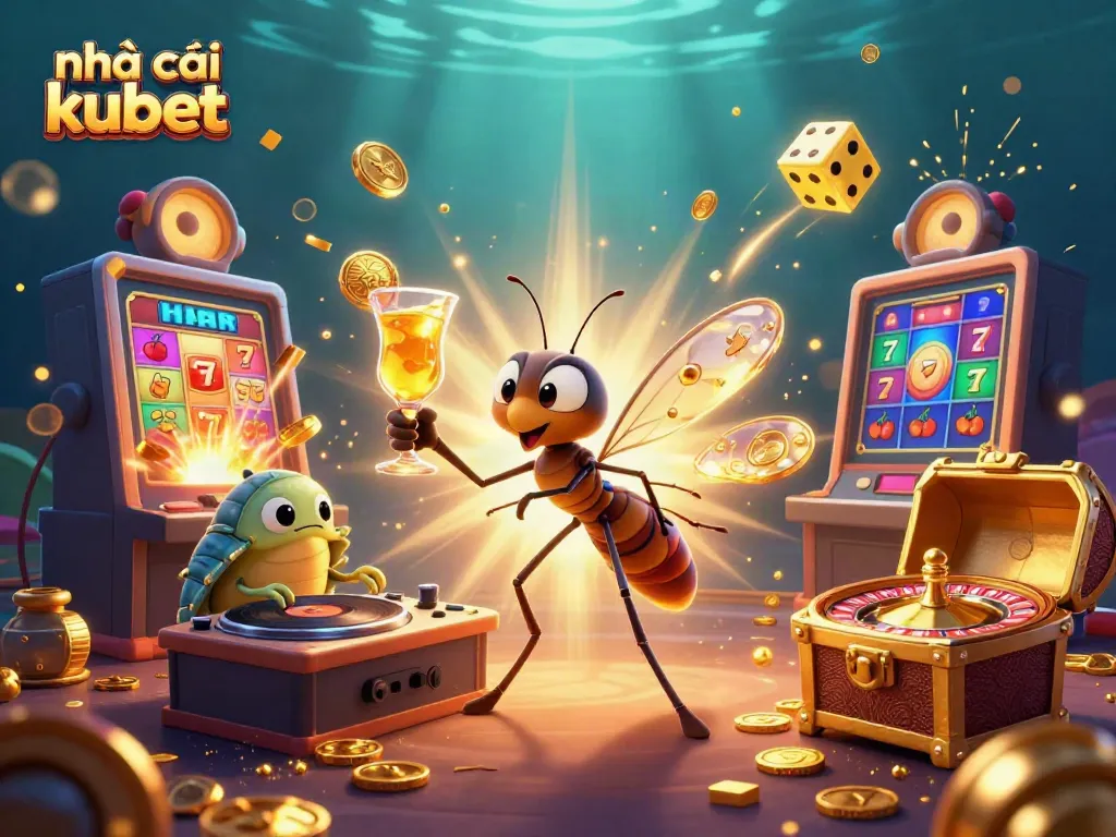 Experience the thrill of Nhà cái kubet with vibrant casino elements and lively characters in a dynamic illustration.