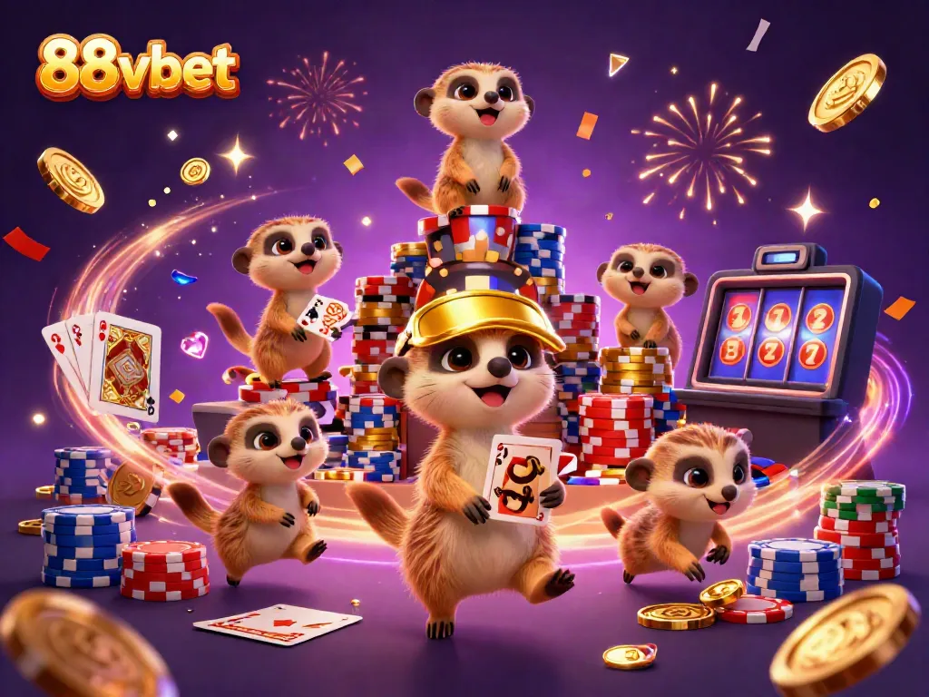 Experience the excitement at 88vbet with meerkats in a dynamic casino scene featuring slots and cards.