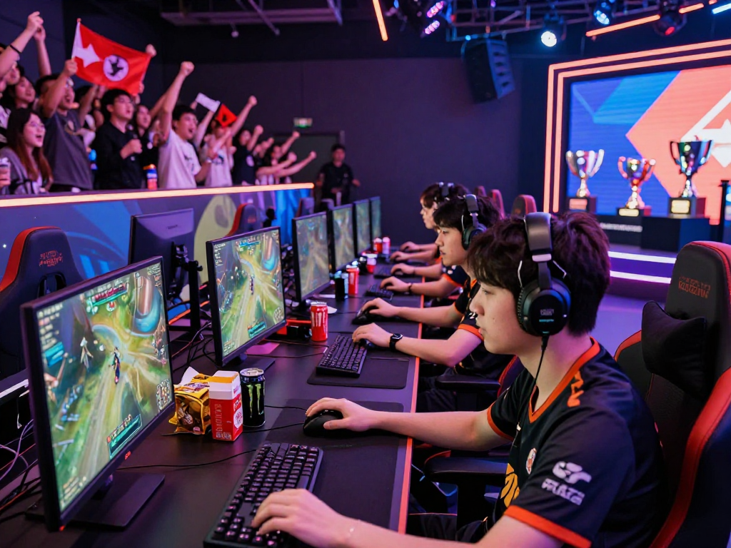 Suasana arena esports bos88 dengan pemain bersemangat dan penonton mendukung.