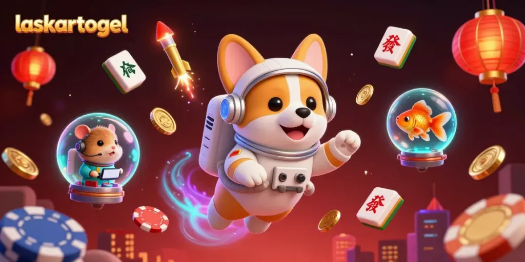 Join the fun at laskartogel's cosmic casino adventure with floating poker chips and gold coins.