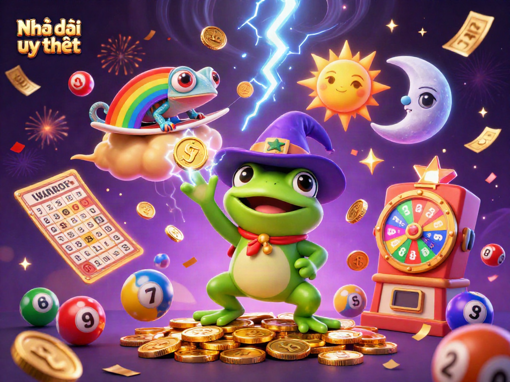 Engage with the thrill of Nhà cái uy tín in a dynamic 3D casino scene filled with golden coins and lottery excitement.