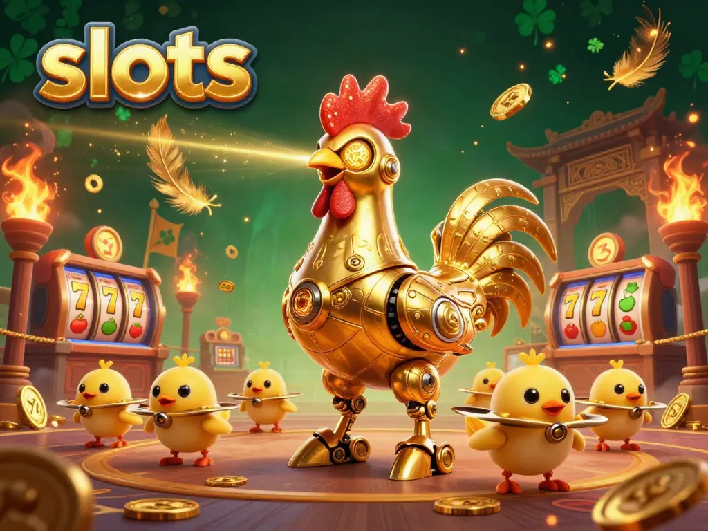 Experience the thrill of slots in this dynamic 3D illustration featuring a golden rooster robot with lucky charms.