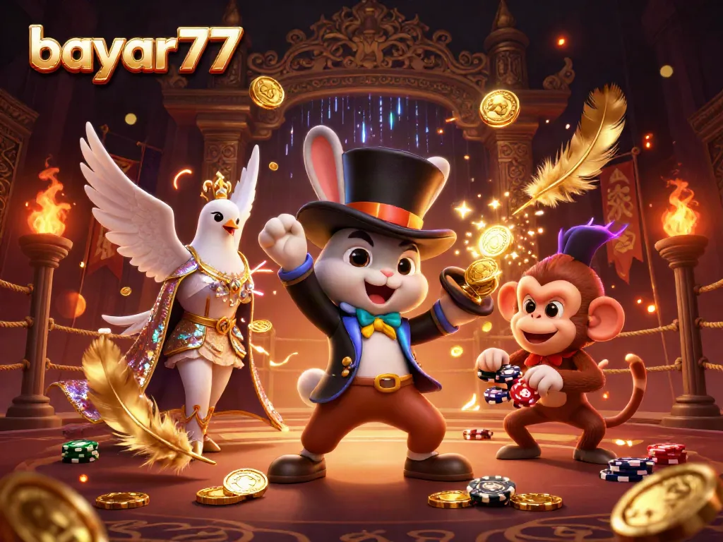 Experience the thrill of gameplay with bayar77, featuring a magician rabbit, dazzling assistant, and playful monkey in a vibrant casino scene.
