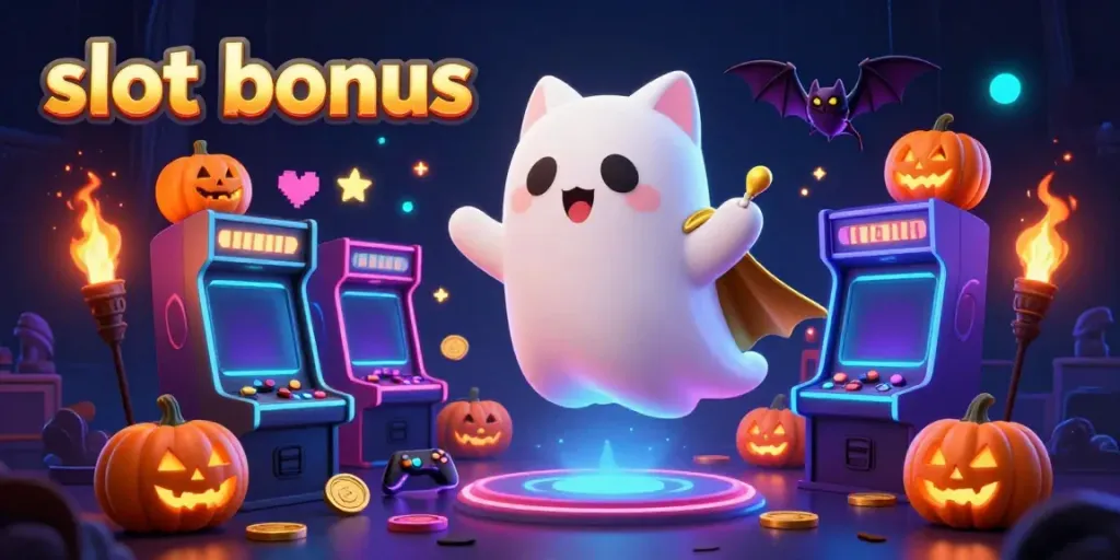 Engage in slot bonus fun with a cat ghost and bat in a haunted casino scene.