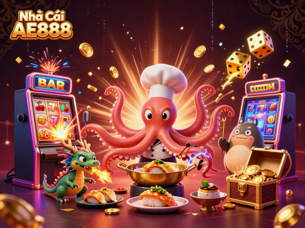 Engage in thrilling gameplay at Nhà Cái AE888 with vibrant casino elements and characters.